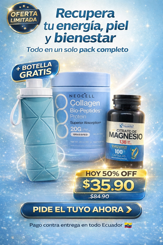 VitaGlow Pack (Colágeno puro+ Capsulas de citrato de magnesio y de regalo botella de agua plegable )